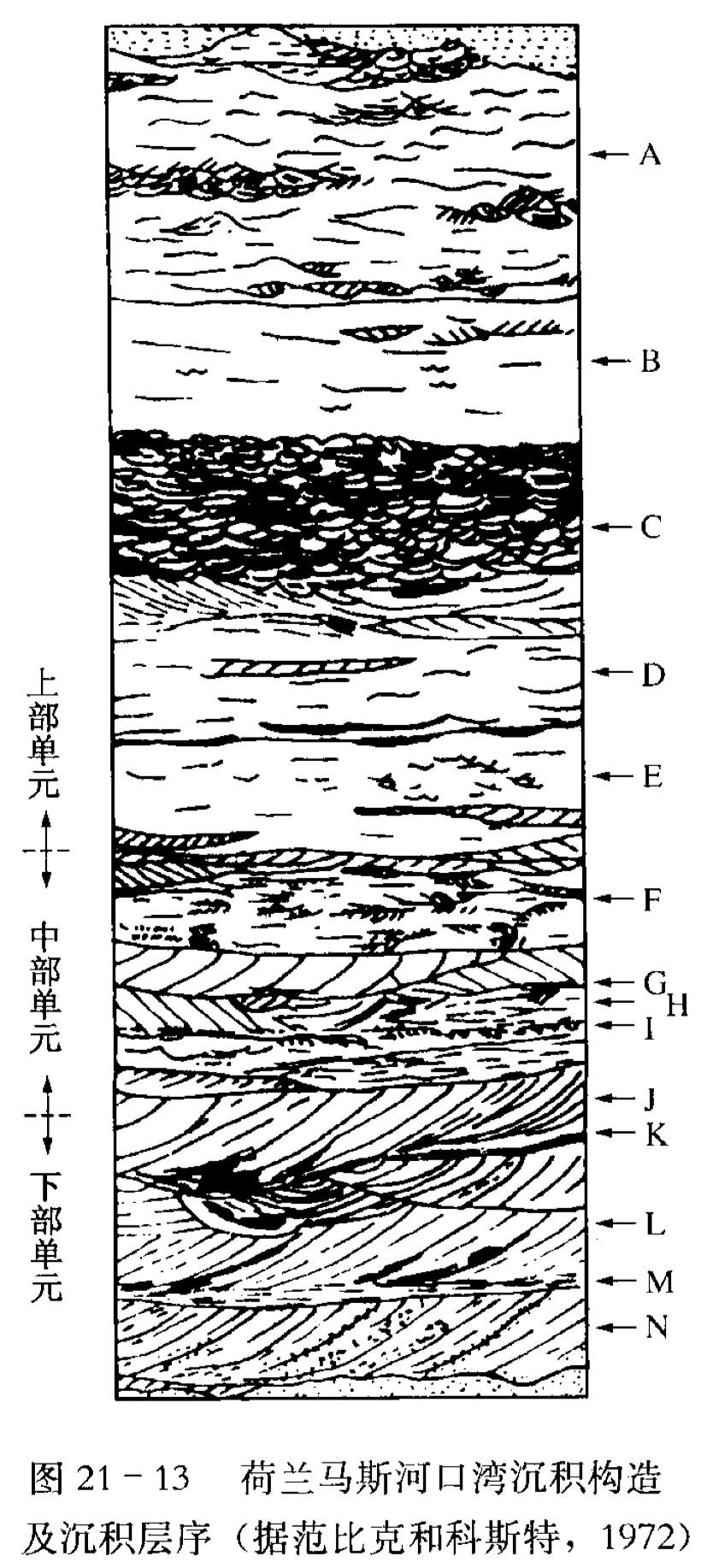 荷兰马斯河口湾沉积构造图 21-13及沉积层序(据范比克和科斯特，1972)A-小型交错层理(偶含粉砂和粘土透镜体);B-水平层理和单个脉状层理;C-透镜层理;D-水平波状层理;E-小型凹面向上泥岩透镜体，表示一种小型交错层理，F-小型双向层理;G-粘土和粉砂透镜体，H-大型双向交错层理;1--具有滞留沉积(砾石和贝壳碎屑)的侵蚀面;J-规则削顶前积层理;K-粘土透镜体和再沉积的泥炭层;L-泥炭层和特征的回流纹层互层;M-相对较厚的底积层;N-夹有砾石层的粗砂层，下部单元均为大型单向交错层理